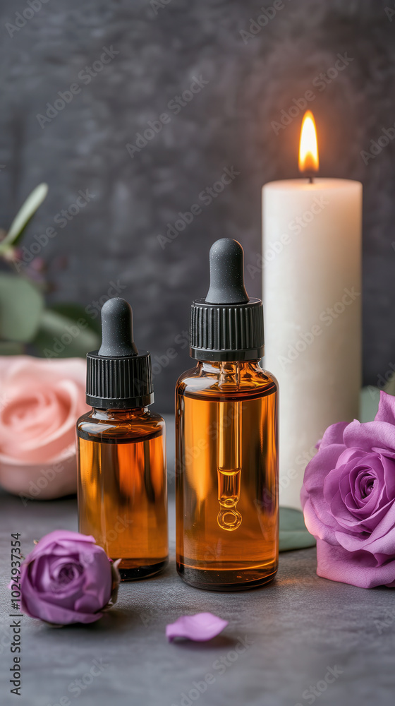 Aromatherapy oils in elegant bottles with flowers and candle create calming atmosphere Aromatherapy oils in elegant bottles with flowers and candle create calming atmosphere