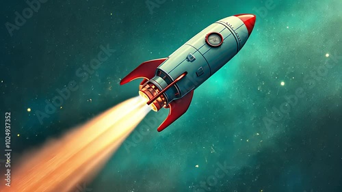 The rocket takes off from the planet. Colorful bright modern. Created with Generative AI.	