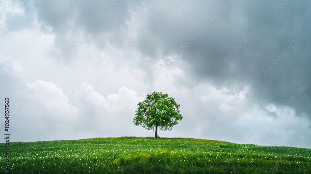Fototapeta premium solitary tree stands majestically on green hill, surrounded by lush grass and delicate flowers under dramatic sky filled with clouds. scene evokes sense of tranquility and connection to nature