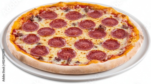 A pepperoni and meat pizza on a white plate.