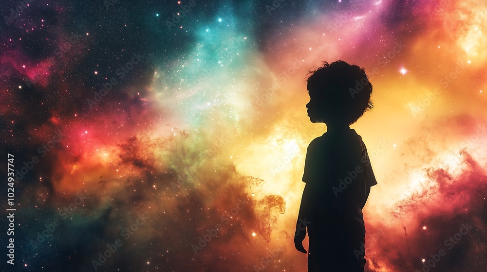 A child's silhouette against a backdrop of multicolored galaxies, representing the endless possibilities of a young mind. A child's silhouette against a backdrop of multicolored galaxies, representing the endless possibilities of a young mind.