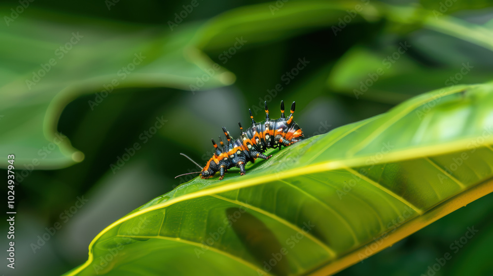 vibrant caterpillar rests on lush green leaf, showcasing its striking orange and black coloration. surrounding foliage adds to natural beauty of this scene vibrant caterpillar rests on lush green leaf, showcasing its striking orange and black coloration. surrounding foliage adds to natural beauty of this scene