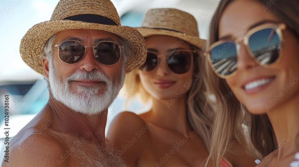 A man and two women are posing for a photo on a boat A man and two women are posing for a photo on a boat