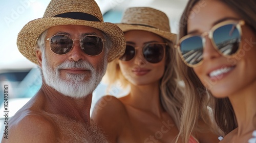 A man and two women are posing for a photo on a boat