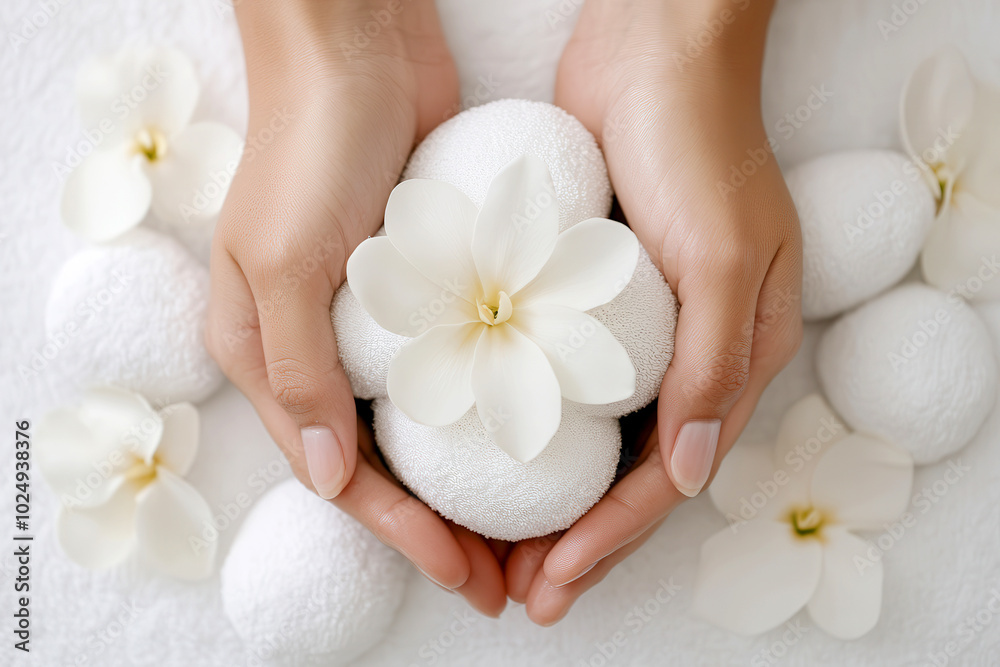 Gentle hands hold soft spa items with beautiful flower, creating serene atmosphere Gentle hands hold soft spa items with beautiful flower, creating serene atmosphere