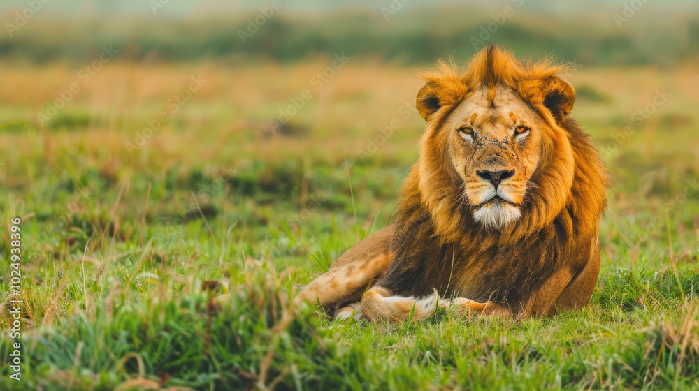 Majestic lion resting in lush green field, showcasing its powerful presence and striking mane. serene environment enhances beauty of this magnificent creature Majestic lion resting in lush green field, showcasing its powerful presence and striking mane. serene environment enhances beauty of this magnificent creature