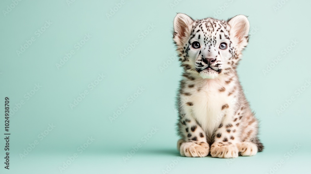 Fototapeta premium Adorable snow leopard cub against a mint green backdrop