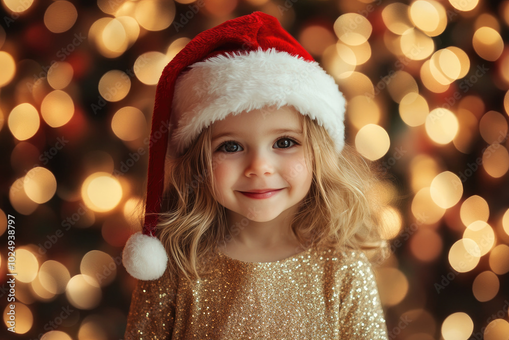 Joyful young girl wearing a Santa hat, celebrating Christmas with excitement and festive spirit, surrounded by holiday decorations and cheer