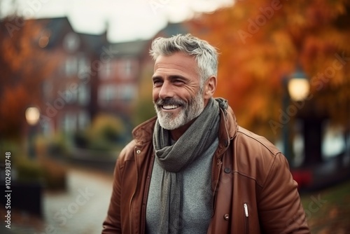 Portrait of a smiling senior man walking in the city at autumn