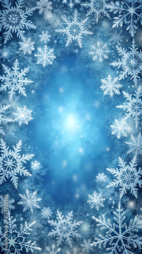 Christmas snowflakes Background, empty frame , Festive white snowflakes, Xmas poster, banner, greeting cards