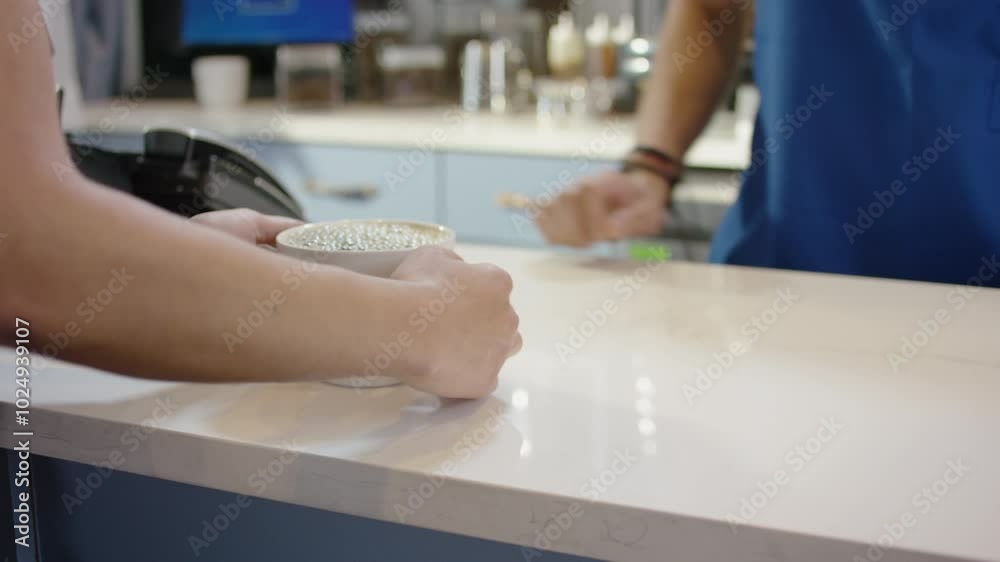 Barista slides a cup of black coffee over to his customer in a coffee shop
