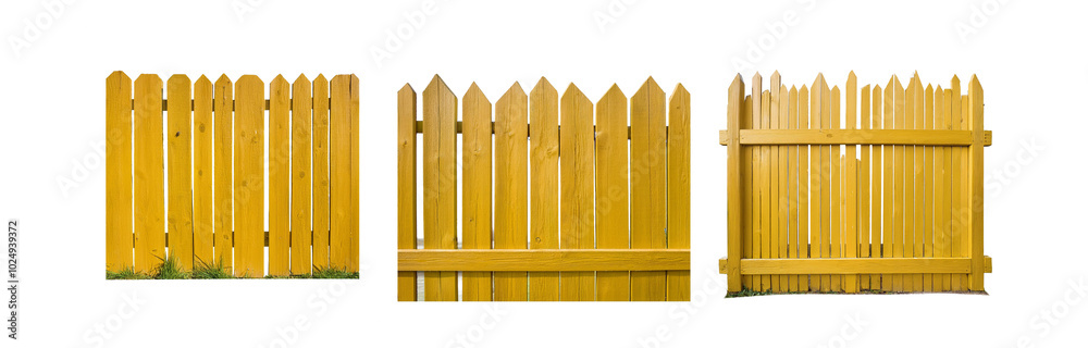 Three variations of a yellow wooden fence with pointed tops. Three variations of a yellow wooden fence with pointed tops.