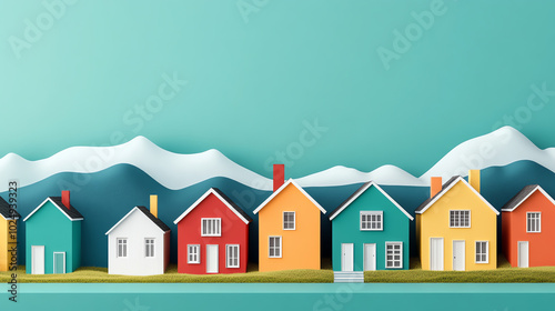 Colorful paper cut houses lined against a serene background, representing playful architecture and creative design, perfect for showcasing individuality.