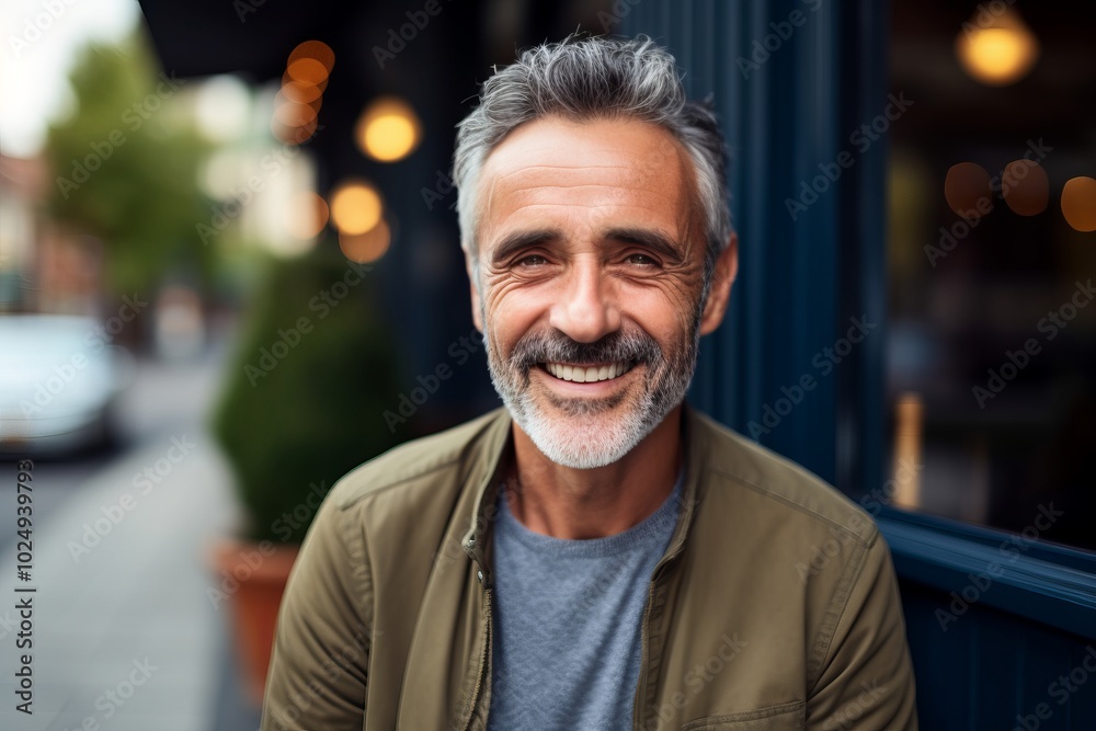 Portrait of a handsome senior man with grey hair and beard smiling while standing outdoors Portrait of a handsome senior man with grey hair and beard smiling while standing outdoors