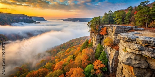 Scenic view of Hawksbill Crag in the Ozark Mountains on a foggy autumn morning