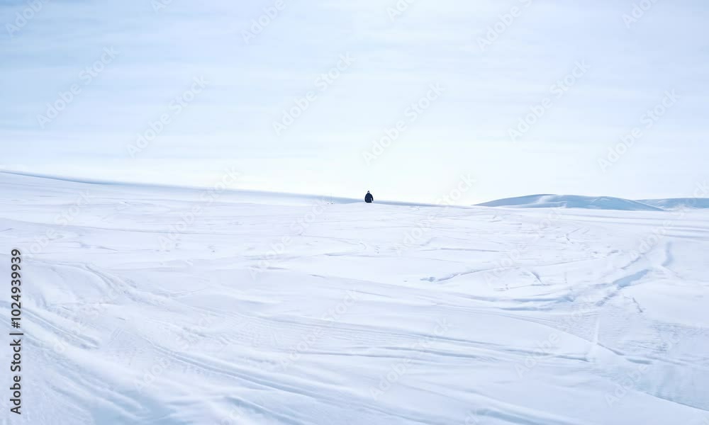 A solitary figure stands on a vast snow covered plain under a clear blue sky. A solitary figure stands on a vast snow covered plain under a clear blue sky.