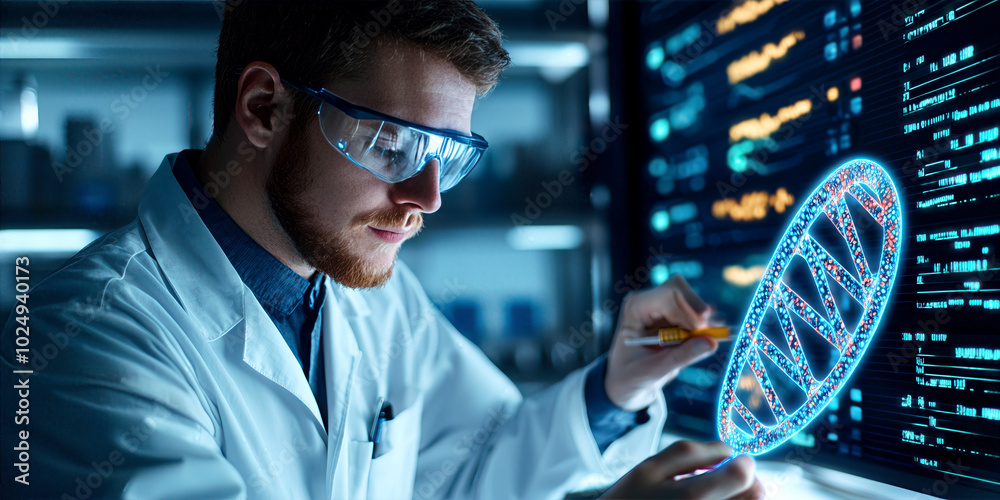 A biotech scientist in a futuristic lab working on a holographic DNA helix with vibrant, interactive visuals A biotech scientist in a futuristic lab working on a holographic DNA helix with vibrant, interactive visuals