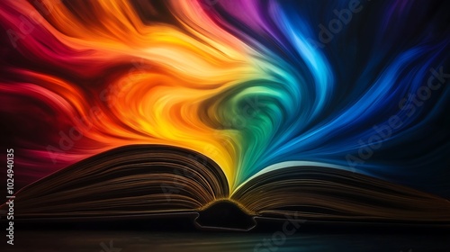 A swirling rainbow vortex emerging from an open book, symbolizing creativity and imagination unleashed.