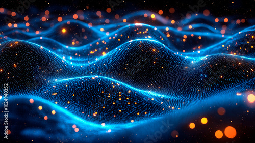 Futuristic Digital Wave Pattern Representing Data Flow and AI Technology in 3D Render with Glowing Blue Particles