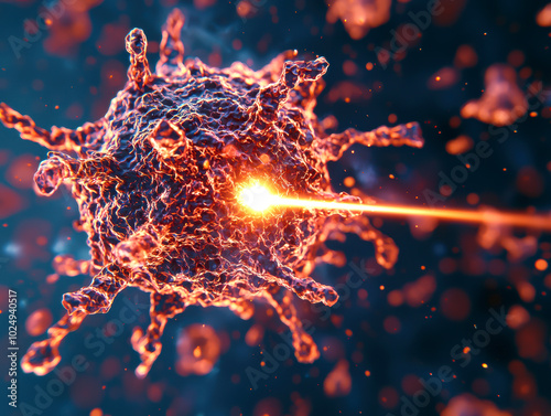 A microscopic view of a cell being targeted by a laser