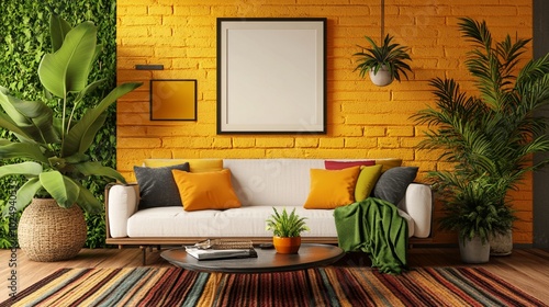 Vibrant yellow brick wall adorns a cozy living room with a white sofa, colorful pillows, and lush green plants, creating a warm and inviting tropical-inspired space.