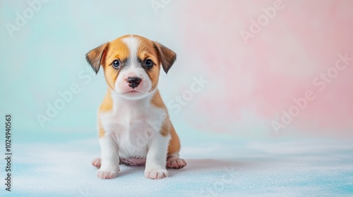 Adorable puppy sitting against a pastel background