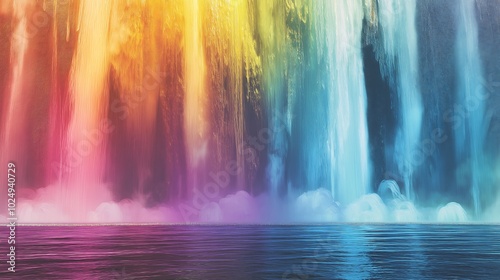 A waterfall of liquid colors cascading over a fantastical, otherworldly landscape, symbolizing creative flow.