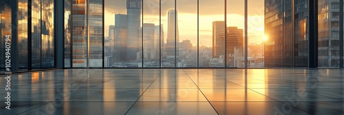 Panoramic view of a modern cityscape at sunset, seen through floor-to-ceiling windows of a high-rise building, with golden light reflecting off glass and steel structures.