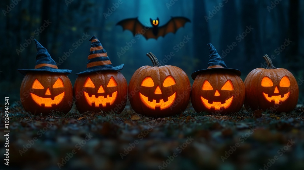Five glowing jack-o'-lanterns with witch hats and a bat flying in a foggy forest. Five glowing jack-o'-lanterns with witch hats and a bat flying in a foggy forest.