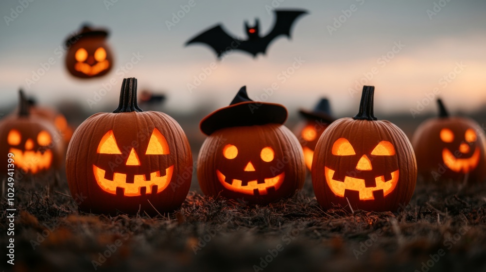 Lit jack-o'-lanterns with carved faces and a flying bat at sunset. Lit jack-o'-lanterns with carved faces and a flying bat at sunset.
