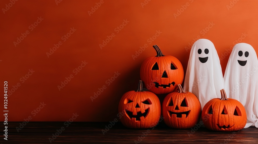 Four carved pumpkins and two white ghosts on a wooden table against an orange background. Four carved pumpkins and two white ghosts on a wooden table against an orange background.