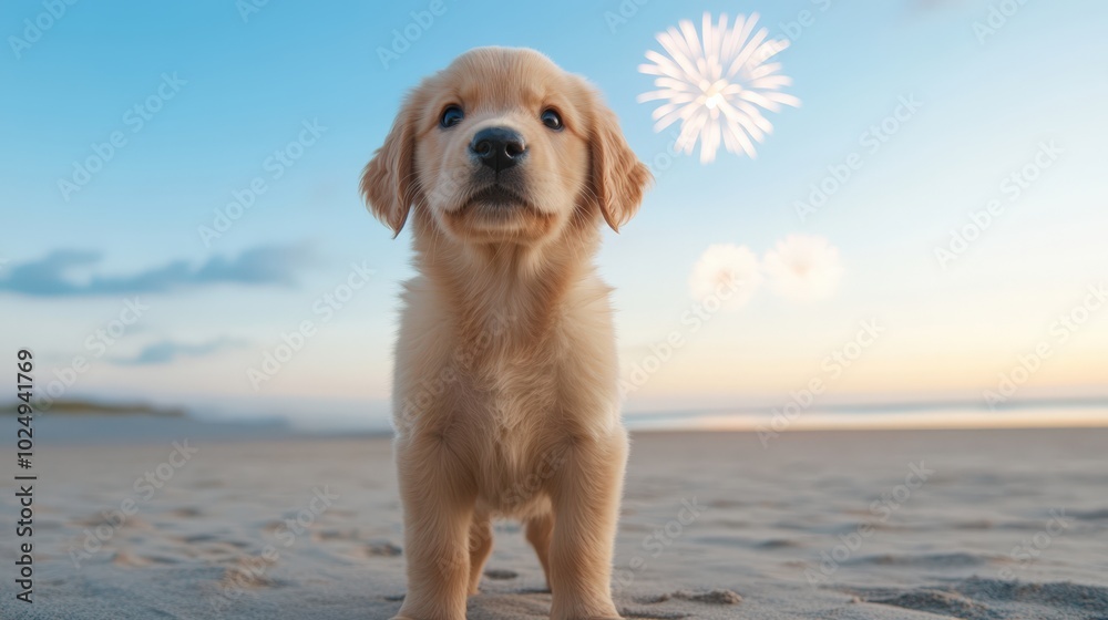 cute golden retriever puppy on beach with fireworks cute golden retriever puppy on beach with fireworks