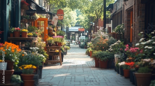 Vibrant urban streetscape adorned with colorful potted plants and blooming wildflowers, creating a lively and inviting atmosphere. photo
