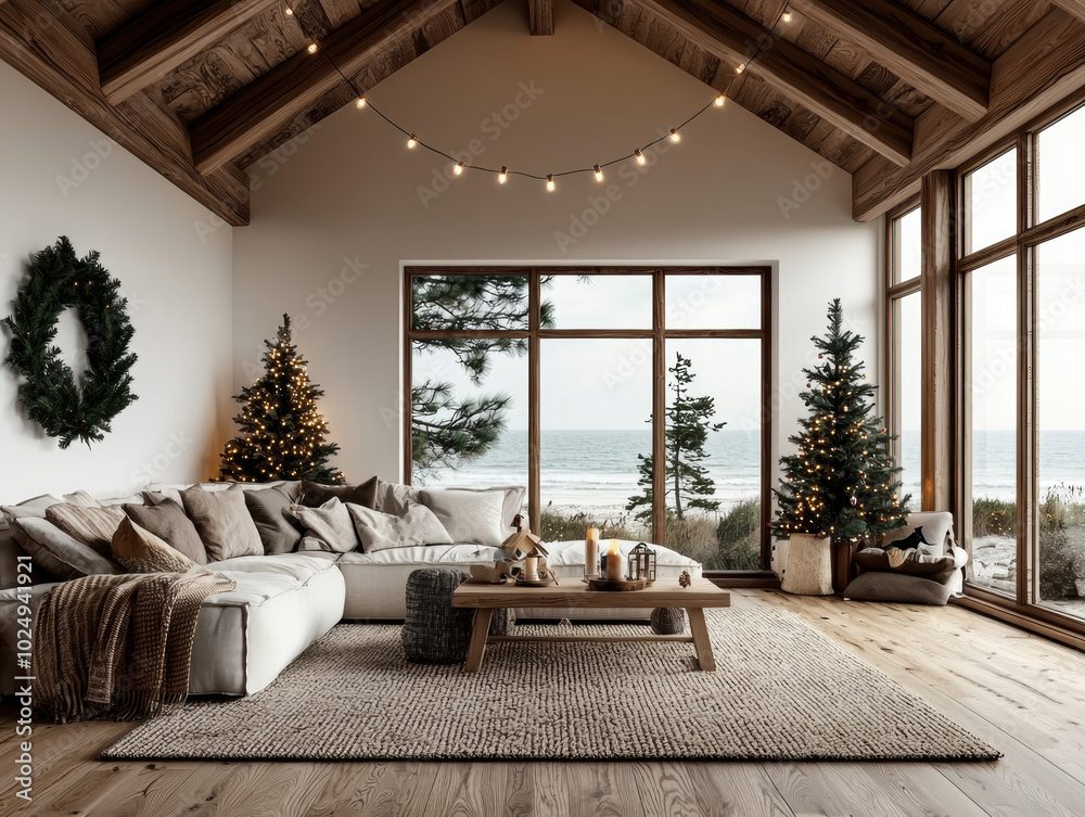 Fototapeta premium Cozy living room decorated for holidays, featuring festive trees and ocean view.