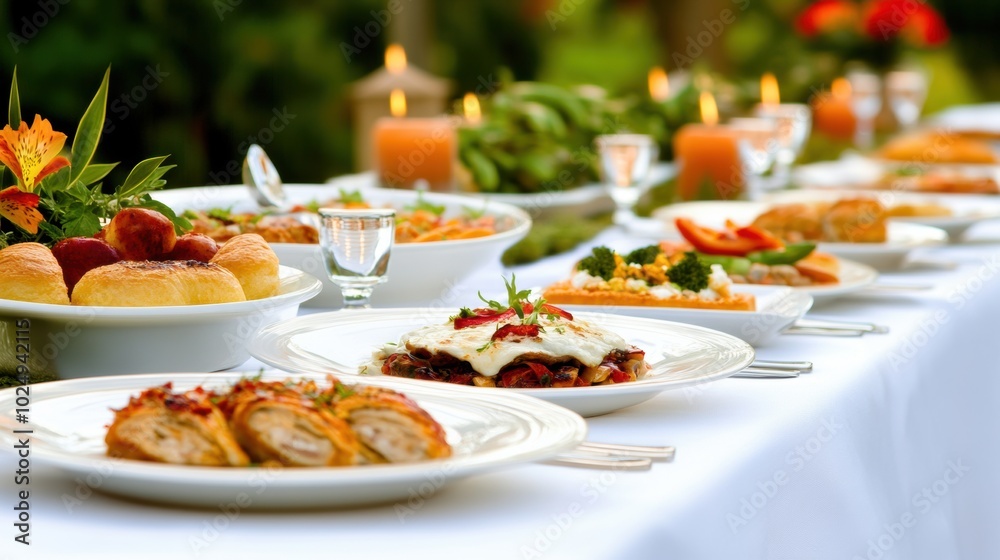 A lavish outdoor dinner table is adorned with a variety of gourmet dishes and candles, AI A lavish outdoor dinner table is adorned with a variety of gourmet dishes and candles, AI
