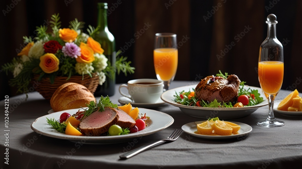 A beautifully set table with a delicious meal of roasted meat, salad, and fresh fruit, accompanied by orange juice and tea. A beautifully set table with a delicious meal of roasted meat, salad, and fresh fruit, accompanied by orange juice and tea.