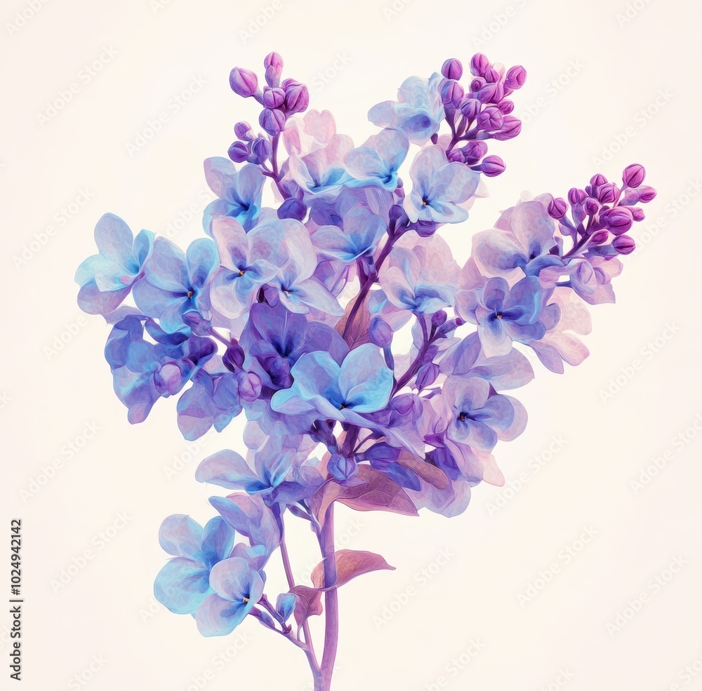 Delicate pastel lilac flowers in shades of purple and blue against a neutral white background. Delicate pastel lilac flowers in shades of purple and blue against a neutral white background.