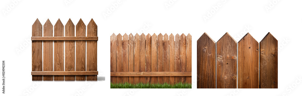 Fototapeta premium Three wooden fences with pointed tops, one with a green lawn at the bottom.