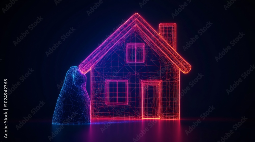 A neon wireframe home with a glowing hand reaching out towards it.