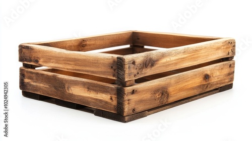 A beautifully crafted wooden crate, showcasing its natural texture and design, isolated on a white background for aesthetic appeal