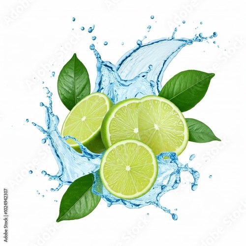 Close-up of Lime Slices with Water Splash on White Background