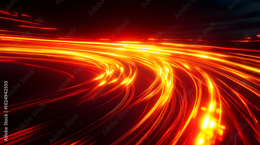 Abstract light trails of red and yellow on a dark background, resembling fast-moving vehicle headlights at night. Concept of speed, motion, energy, and modern technology. Abstract light trails of red and yellow on a dark background, resembling fast-moving vehicle headlights at night. Concept of speed, motion, energy, and modern technology.