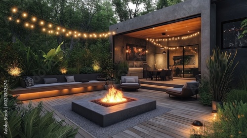 Cozy outdoor living space with a fire pit and string lights.