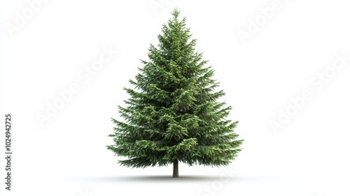 A big green fir tree with dense branches, isolated on a bright white background, symbolizing nature and seasonal beauty