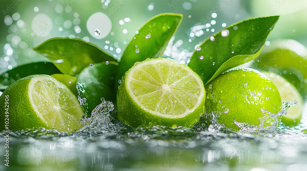 Fresh limes being splashed in water with vibrant green leaves in a sunny kitchen setting Fresh limes being splashed in water with vibrant green leaves in a sunny kitchen setting