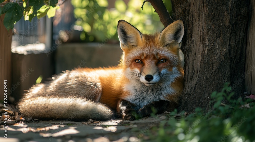 Naklejka premium Urban fox lounging peacefully under a tree in a serene backyard, showcasing the harmony between wildlife and city life