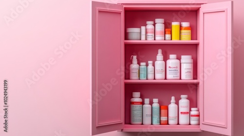 Open pink medicine cabinet with various bottles and containers on shelves.