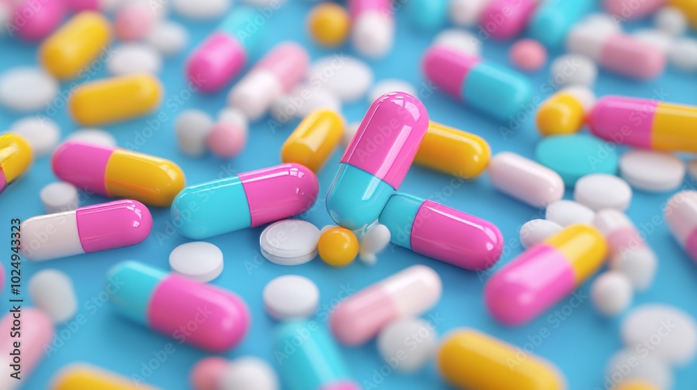 Colorful capsules and pills scattered on a blue background. Colorful capsules and pills scattered on a blue background.