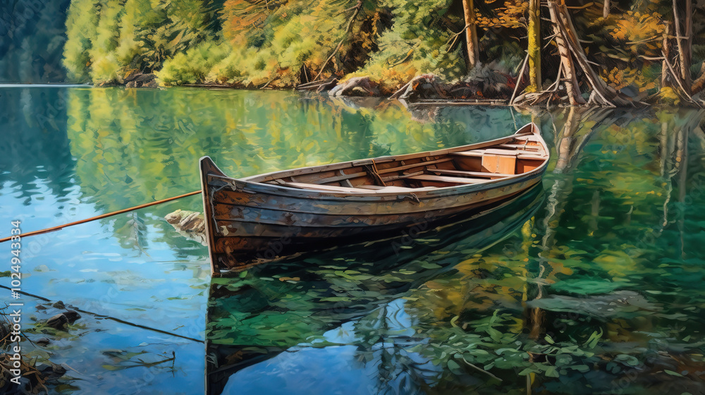 Wooden Boats Floating on a Serene Mountain Lake: Scenic Nature View Wooden Boats Floating on a Serene Mountain Lake: Scenic Nature View
