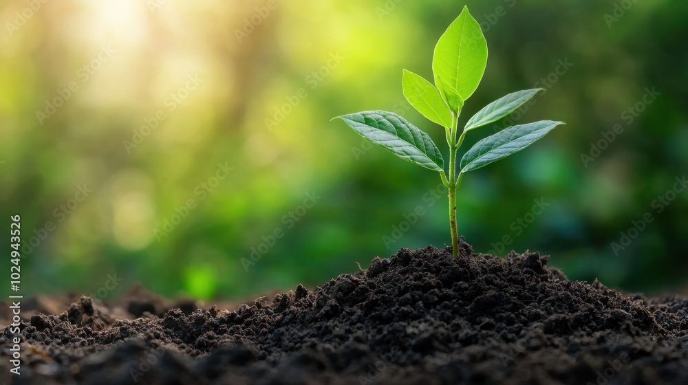 Young plant sprouting from rich soil in a sunlit environment Young plant sprouting from rich soil in a sunlit environment